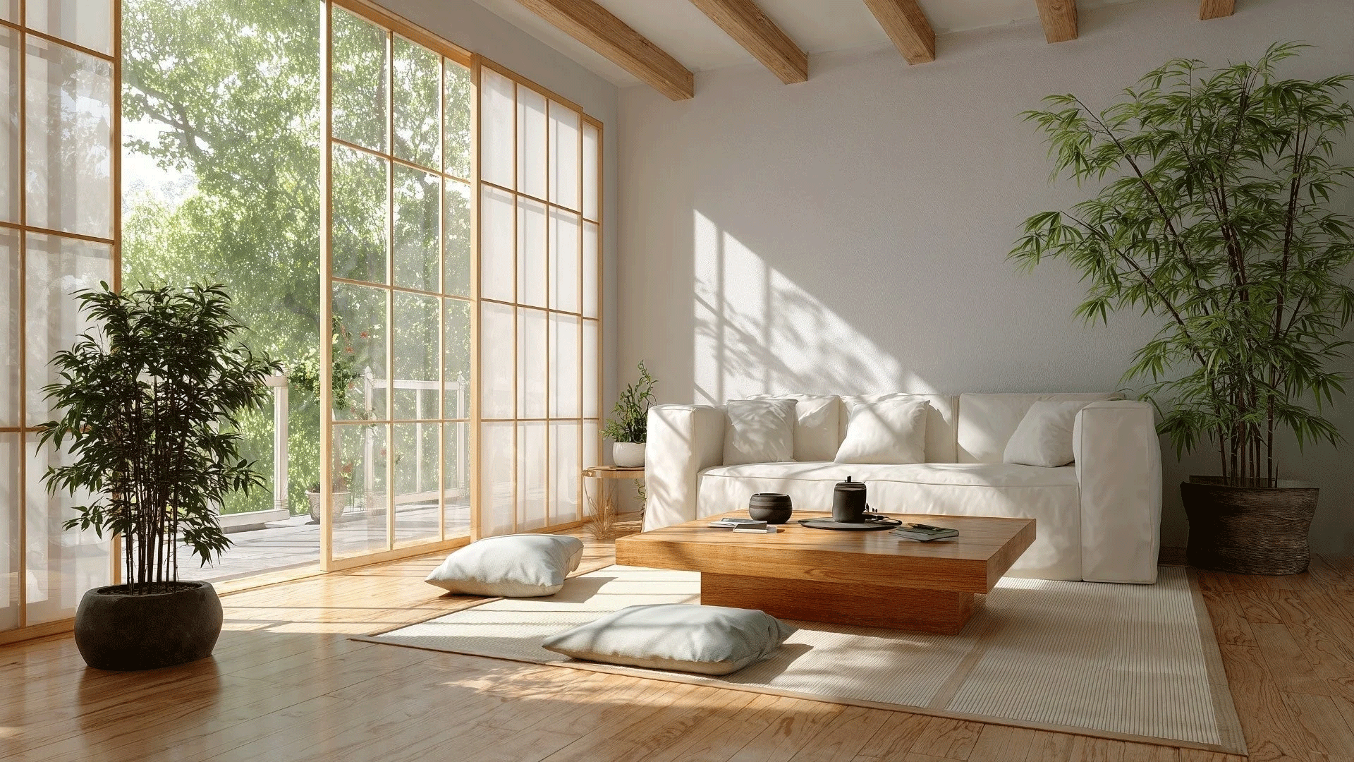 Hình ảnh phối cảnh nội thất phòng khách của ngôi nhà anh Đông, toát lên phong cách Nhật Bản giản dị mà ấm cúng với gam màu trung tính và đồ gỗ tự nhiên.